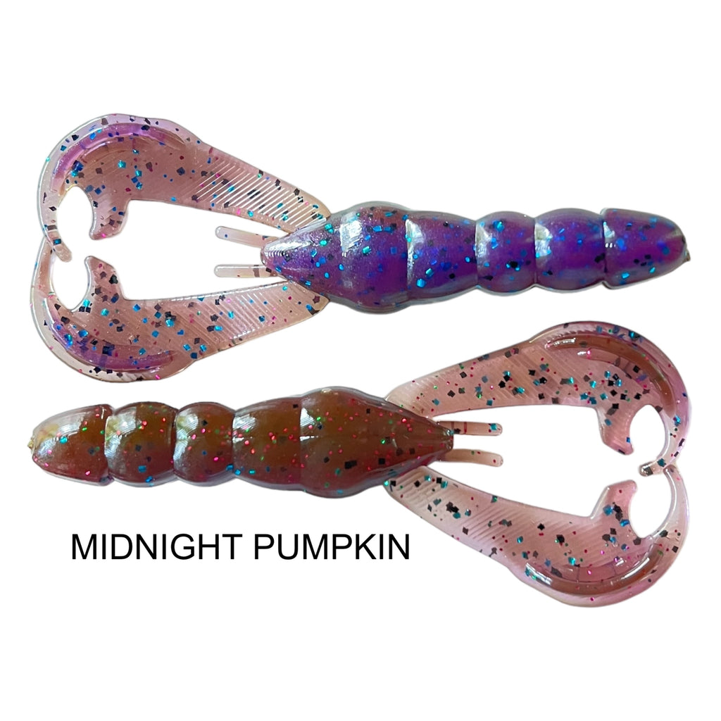 Ditch Bug 4" crawfish imitator by 44 Outdoors Bait Company and TigeRodz color: midnight pumpkin