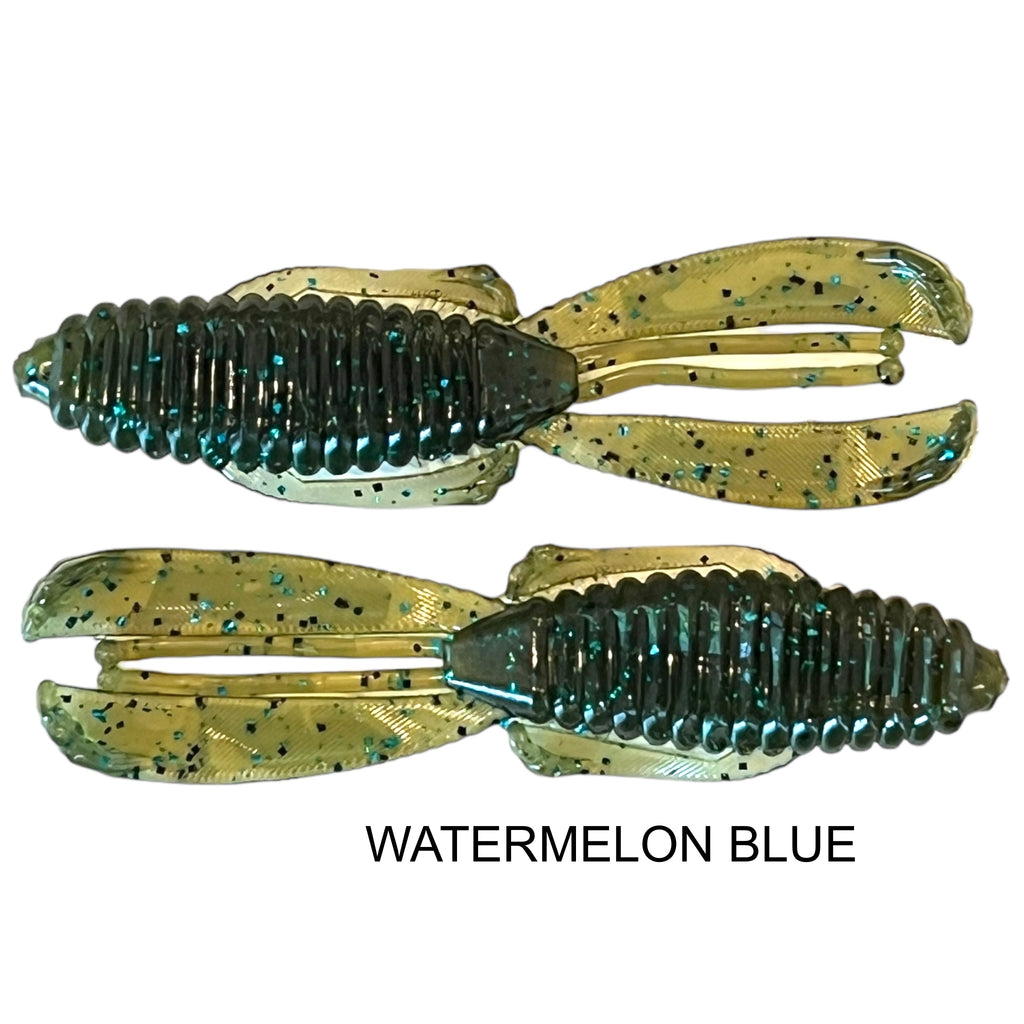 44 Outdoors Bait Company, TigeRodz, crawfish glide action, twin flanges, flipping bait, creature bait, color watermelon blue, Ignite Baits,  4" knuckle dragger, Angling AI