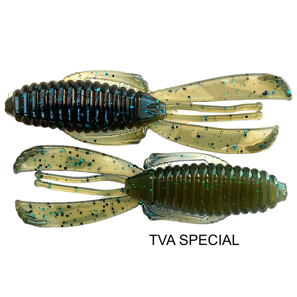 44 Outdoors Bait Company, TigeRodz, crawfish glide action, twin flanges, flipping bait, creature bait, color TVA Special, Ignite Baits,  4" knuckle dragger, Angling AI