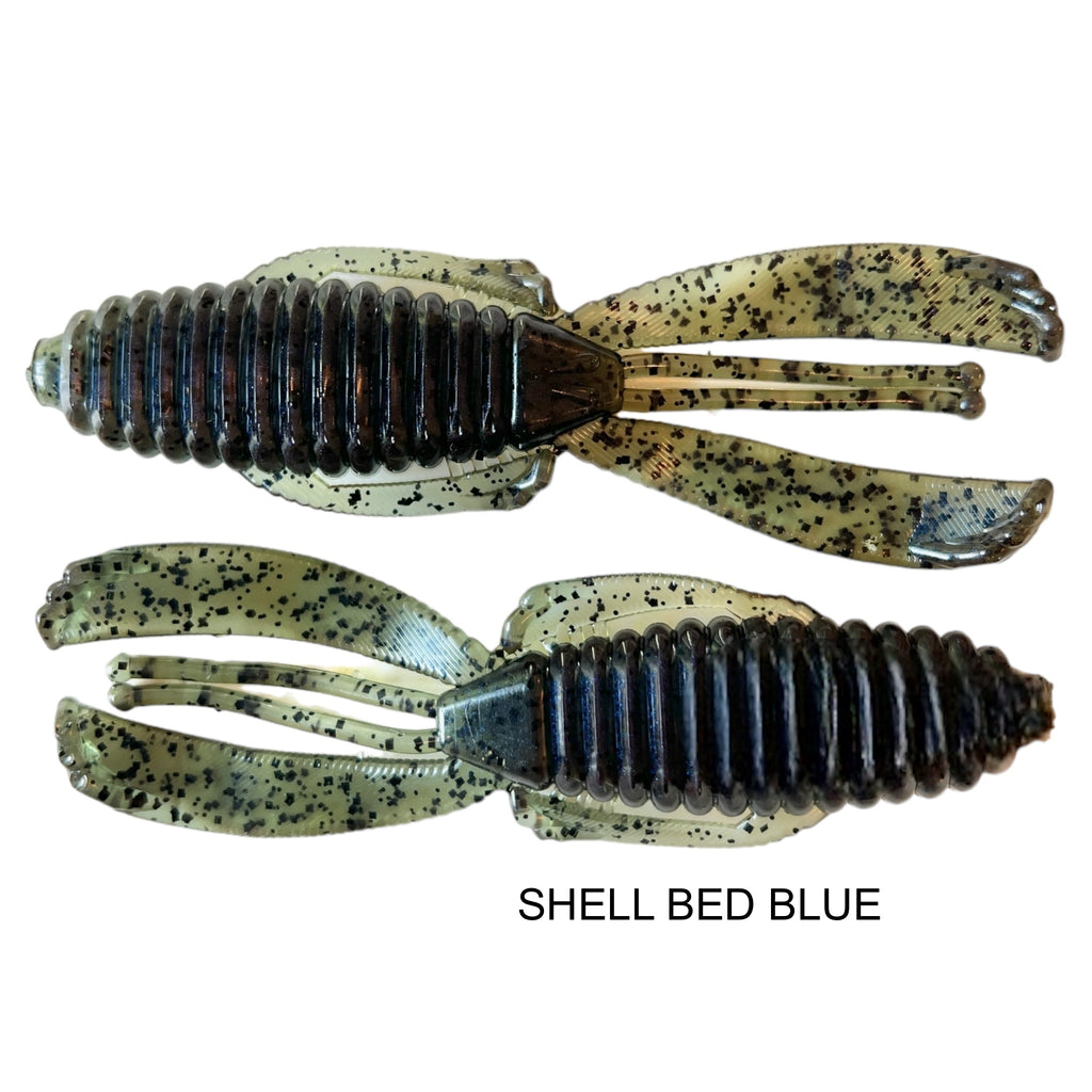 44 Outdoors Bait Company, TigeRodz, crawfish glide action, twin flanges, flipping bait, creature bait, color shell bed blue, Ignite Baits,  4" knuckle dragger, Angling AI