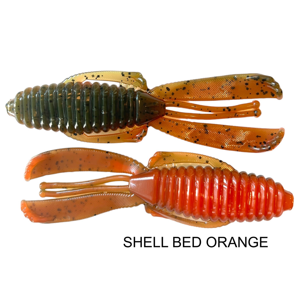 44 Outdoors Bait Company, TigeRodz, crawfish glide action, twin flanges, flipping bait, creature bait, color shell bed orange, Ignite Baits,  4" knuckle dragger, Angling AI